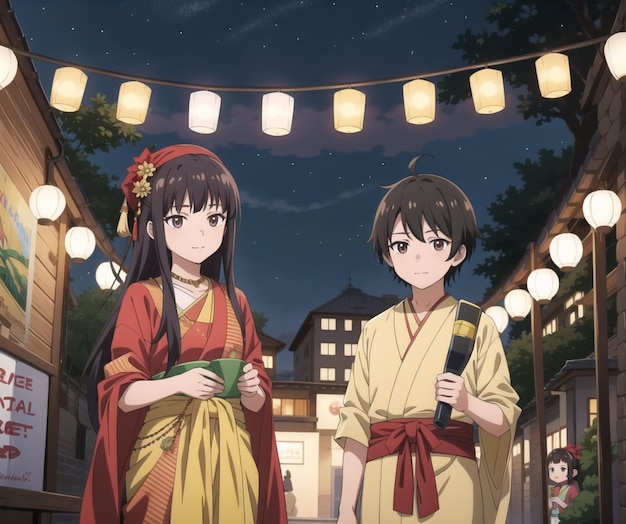 Two people standing in a street with lanterns hanging from the ceiling. | The Web Univers