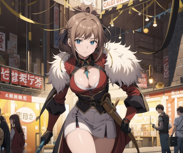 A cartoon of a girl with a red coat and blue eyes walking down a street. | The Web Univers