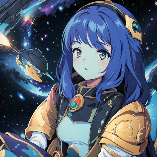 A girl with blue hair and a blue hair with a rocket in the background. | The Web Univers