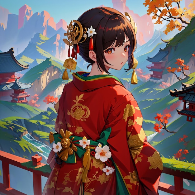 A girl in a red kimono is standing in front of a mountain. | The Web Univers
