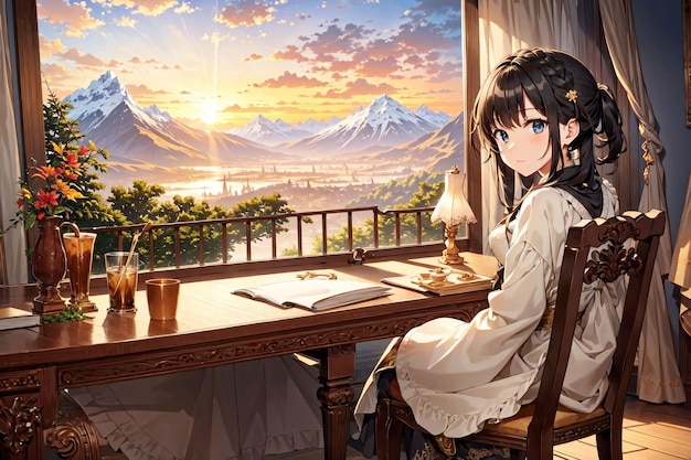 A girl sits at a table in front of a window with mountains in the background. | The Web Univers