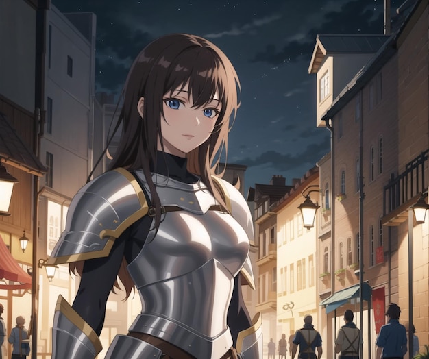 A girl in a knight armor stands in a street. | The Web Univers