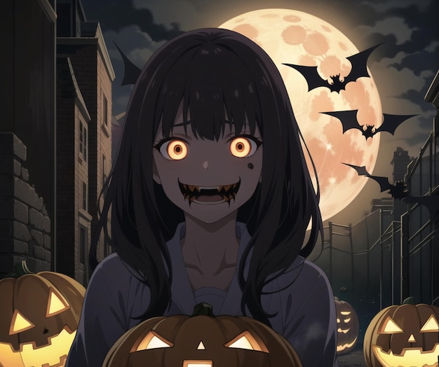 A girl with yellow eyes stands in front of pumpkins with bats flying around her. | The Web Univers