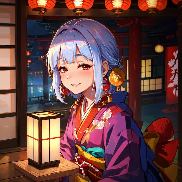 A cartoon girl with blue hair and a blue wig is standing in front of a lantern. | The Web Univers
