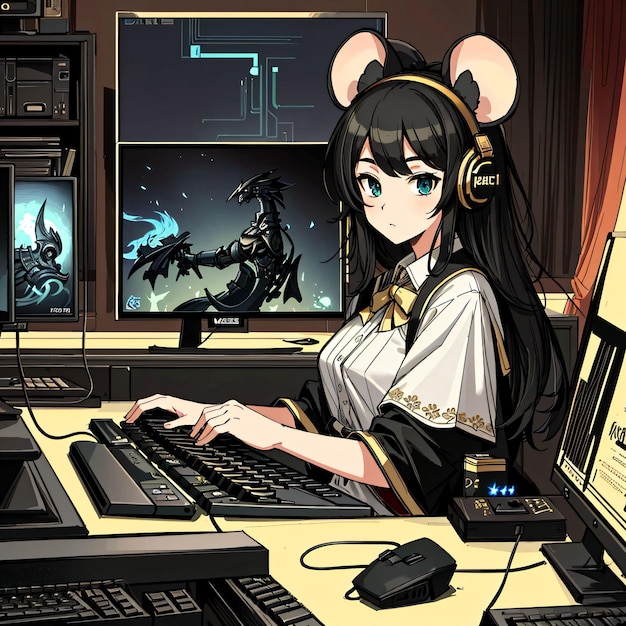 A cartoon of a woman sitting at a computer with a mouse on her head. | The Web Univers
