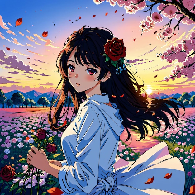 A girl in a field of flowers with the sun setting behind her. | The Web Univers