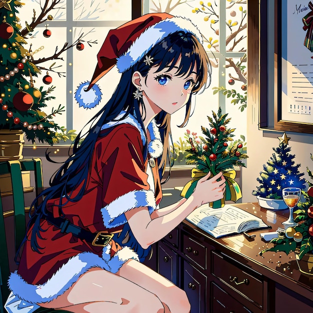 A girl in a santa outfit is sitting at a desk with a christmas tree | The Web Univers
