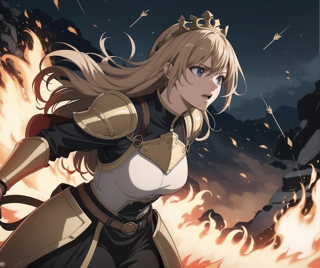A girl in a crown with a sword and a fire in the background | The Web Univers