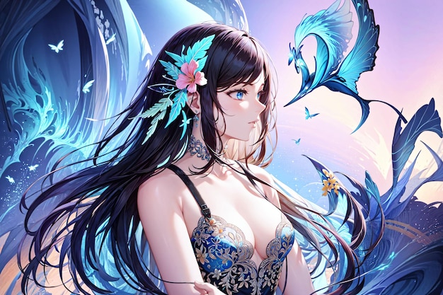 A girl with blue hair and a blue fish on her chest | The Web Univers