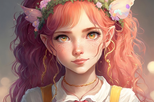 A girl with pink hair and a wreath of flowers on her head | The Web Univers