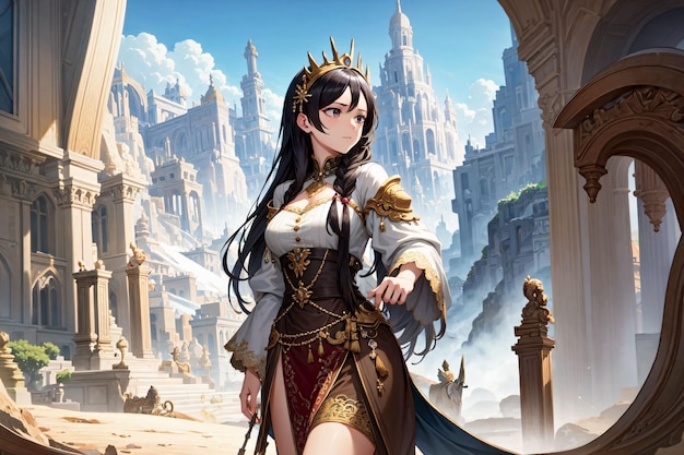 A girl in a crown stands in front of a castle. | The Web Univers