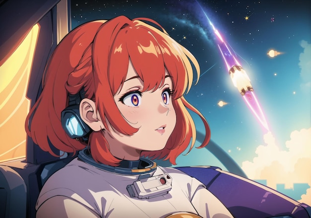 A girl in a space suit looks at a rocket ship. | The Web Univers