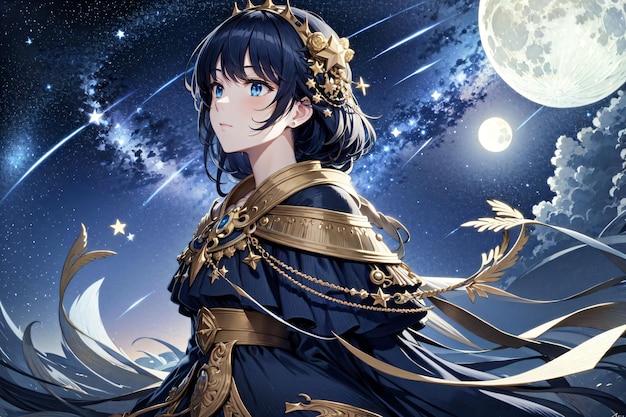 A girl in a blue dress with the moon behind her | The Web Univers