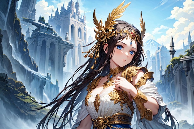A girl in a gold and white dress with a castle in the background. | The Web Univers