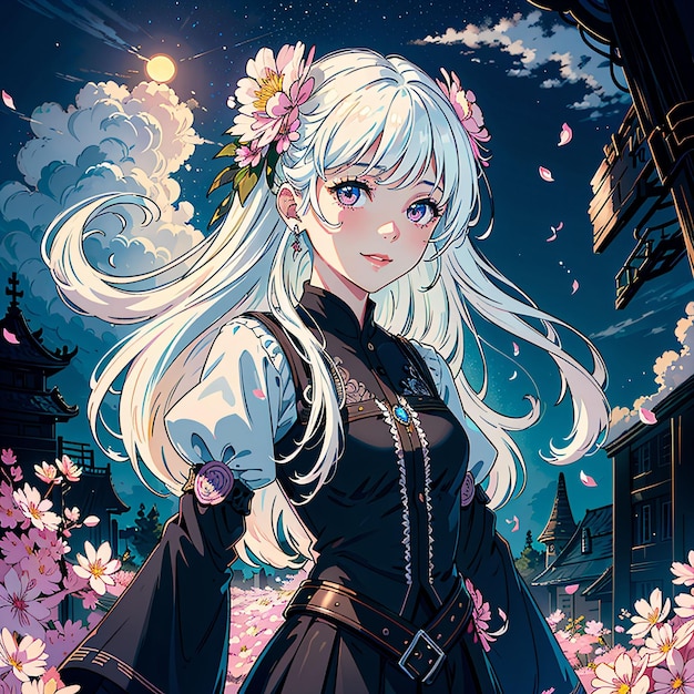 A girl with white hair and a black dress is standing in a flower garden. | The Web Univers