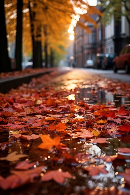 Vue des feuilles d'automne sèches tombées sur le trottoir de la rue | The Web Univers