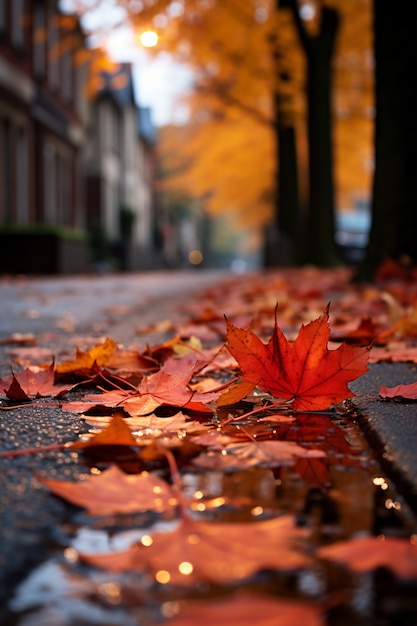 Vue des feuilles d'automne sèches tombées sur le trottoir de la rue | The Web Univers