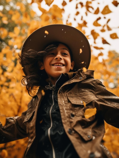 Enfant mexicain dans une pose dynamique émotionnelle sur fond d'automne | The Web Univers