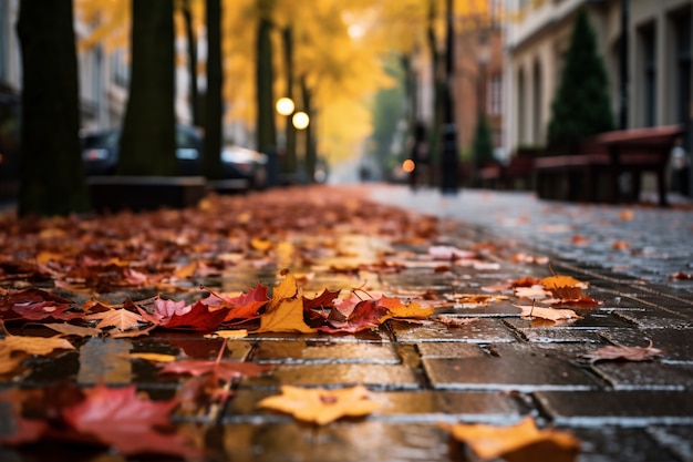 Vue des feuilles d'automne sèches tombées sur le trottoir de la rue | The Web Univers