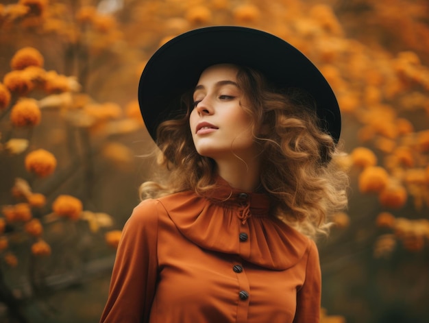European woman in emotional dynamic pose on autumn background | The Web Univers