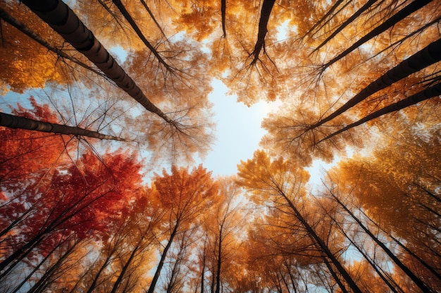 Cimes rouges et jaunes des arbres laissant en perspective | The Web Univers