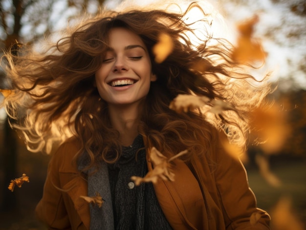 European woman in emotional dynamic pose on autumn background | The Web Univers