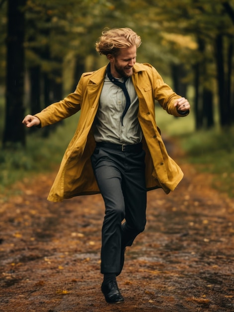 European man in emotional dynamic pose on autumn background | The Web Univers