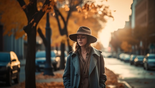 Jeune femme marchant en toute confiance au coucher du soleil d'automne généré par l'ia | The Web Univers