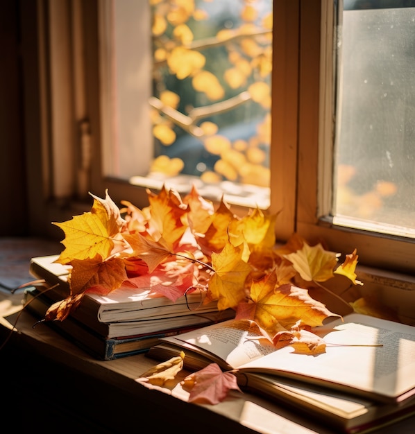 Feuilles d'automne sèches avec pile de livres | The Web Univers