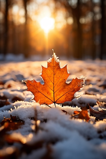 Feuilles d'automne sèches avec de la neige au début de l'hiver | The Web Univers