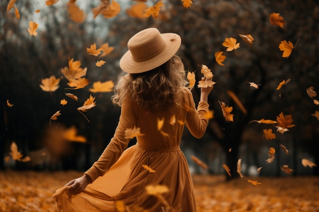 Vue arrière de la femme avec des feuilles d'automne sèches | The Web Univers