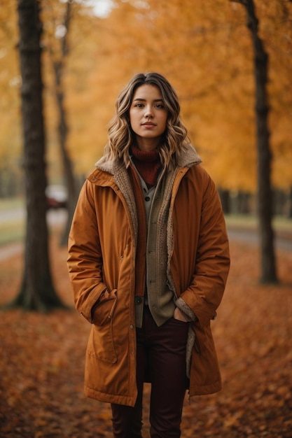 A woman in a coat with a long sleeved jacket and brown pants stands in an autumn forest. | The Web Univers