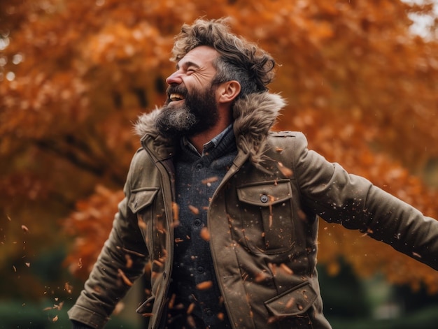 European man in emotional dynamic pose on autumn background | The Web Univers