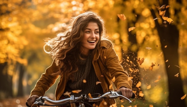 Une jeune femme à vélo à travers la forêt d'automne générée par l'ia | The Web Univers