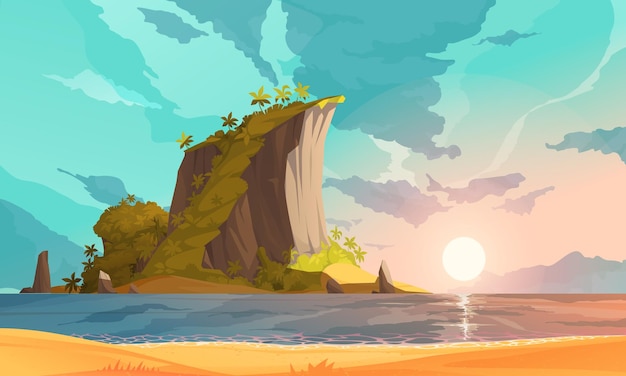 Tropical island cartoon poster with rising sun above sea vector illustration | The Web Univers