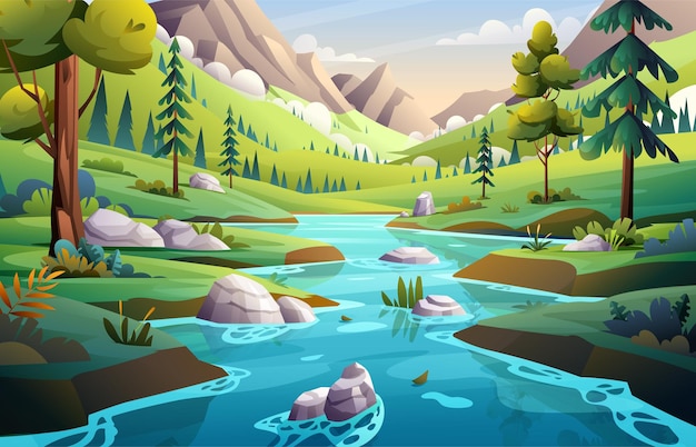 Blue river in forest with rocky mountains landscape view illustration | The Web Univers