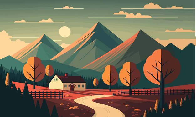 Picturesque landscape picturesque nature cute house farm mighty rocks trees forest summer clouds sun lawn warm colors calmness stylized picturecreativity concept vector illustration | The Web Univers
