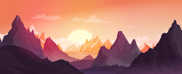 Mountains landscape during sunset background with lake sunlit and dark peaks flat vector illustration | The Web Univers