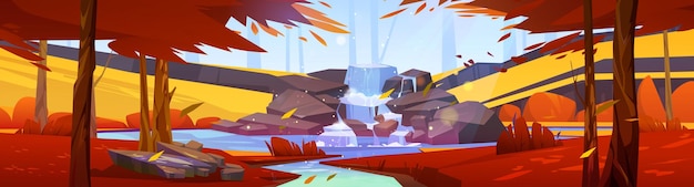 Waterfall in autumn forest cartoon 2d landscape | The Web Univers