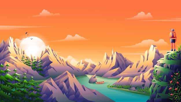 Nature background landscape with a man with a backpack on the mountain at sunrise. | The Web Univers