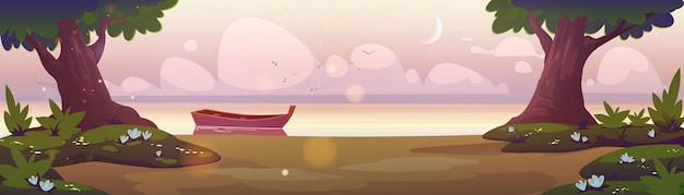 Sunrise landscape wooden boat at shore vector | The Web Univers