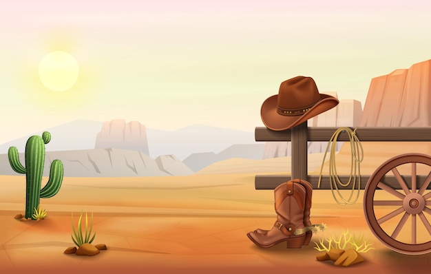 Wild west cartoon composition with outdoor landscape of desert with cowboy boots and hat on fence vector illustration | The Web Univers