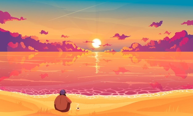Sunset sky background with sea and beach flat vector illustration | The Web Univers