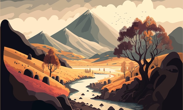 Picturesque landscape a river from the very foot of the mountain mighty rocks trees a lawn warm shades calmness a stylized picture the concept of creativity vector illustration | The Web Univers