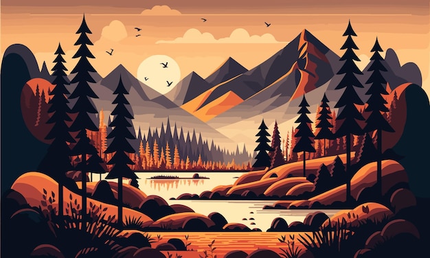 Picturesque landscape picturesque nature golden sunset river mighty rocks forest summer clouds lawn warm colors calmnesswallpaperstylized picturecreativity concept vector illustration | The Web Univers