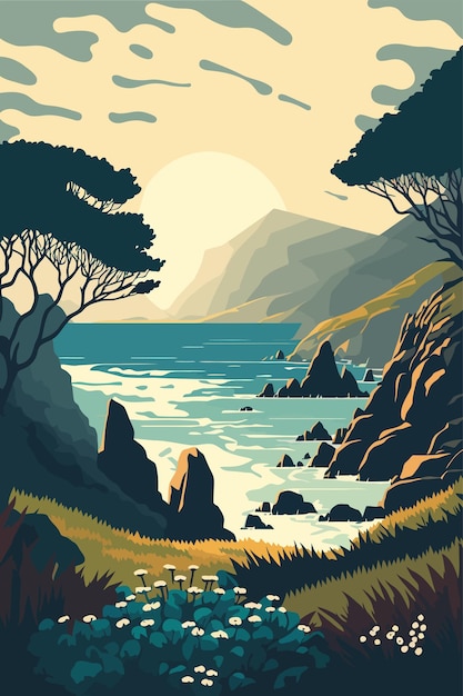 Seaside view from the coastal hills overgrown with vegetation hills and meadows near the sea coast landscape | The Web Univers