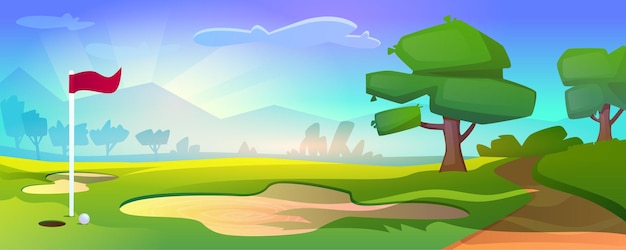 Cartoon golf course on nature landscape with red flag and ball on grass | The Web Univers