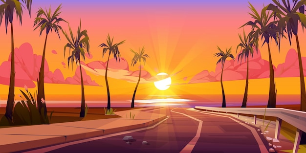 Sunset tropical background with palm and road | The Web Univers