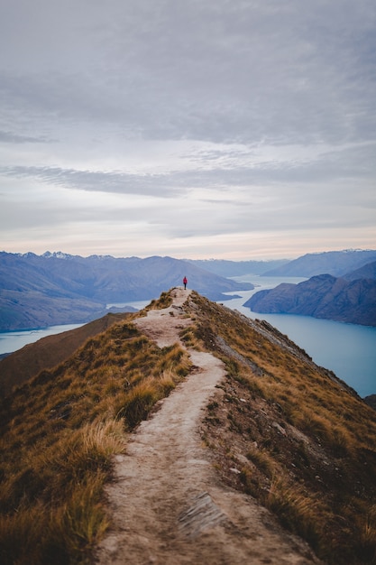 Vertical high angle shot of a person standing on the end of walking road on roys peak in new zealand | The Web Univers