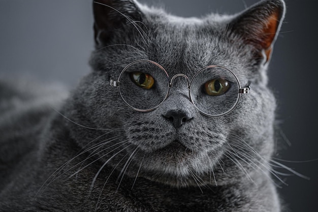 A young big gray british cat in round transparent glasses lies on a notebook, a notebook. | The Web Univers